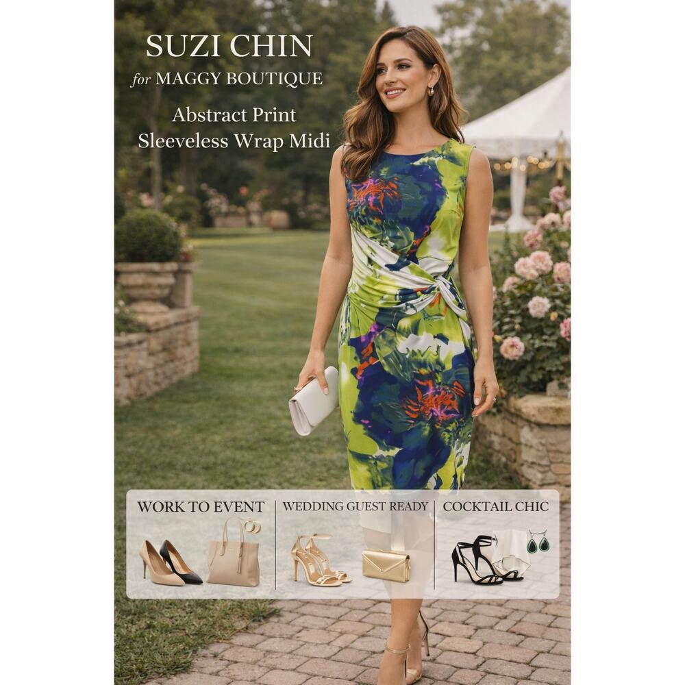 Suzi Chin Maggy Dress S6 Abstract Sleeveless Faux Wrap Midi Spring Wedding Guest
